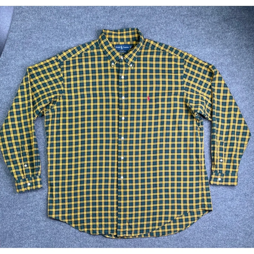 Ralph Lauren Button Down Men XXL‎ Green Yellow Plaid Classic Fit Long Sleeve